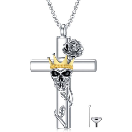 Sterling Silver Two-Tone Rose With Cross With Crown With Skull Urn Necklace For Ashes For Women