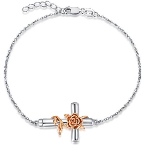 Sterling Silver Two-tone Rose & Cross Charm Bracelet