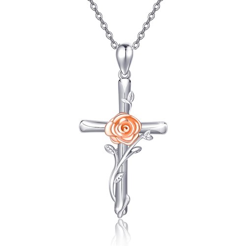 Sterling Silver Two-tone Rose & Cross Pendant Necklace
