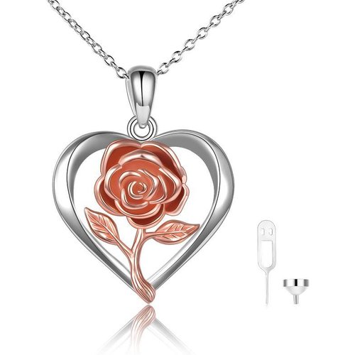 Sterling Silver Two-tone Rose Flower & Heart Urn Necklace for Ashes