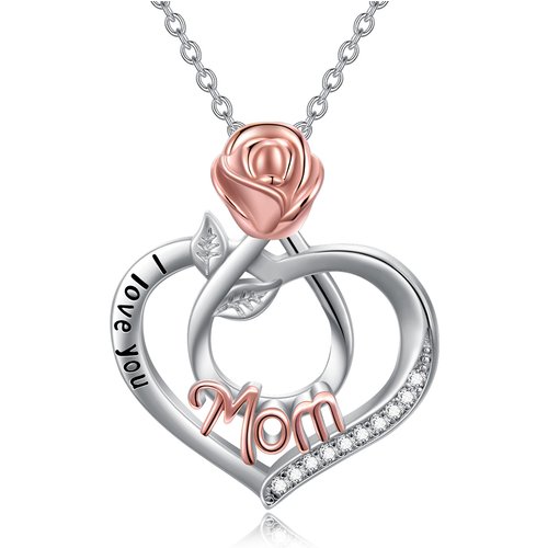 Sterling Silver Two-tone Cubic Zirconia Rose & Heart Mom Pendant Necklace with Engraved Word