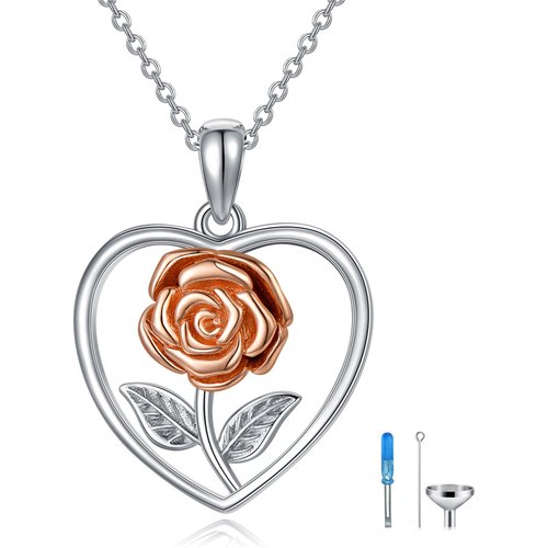 Sterling Silver Two-tone Rose & Heart Urn Necklace for Ashes