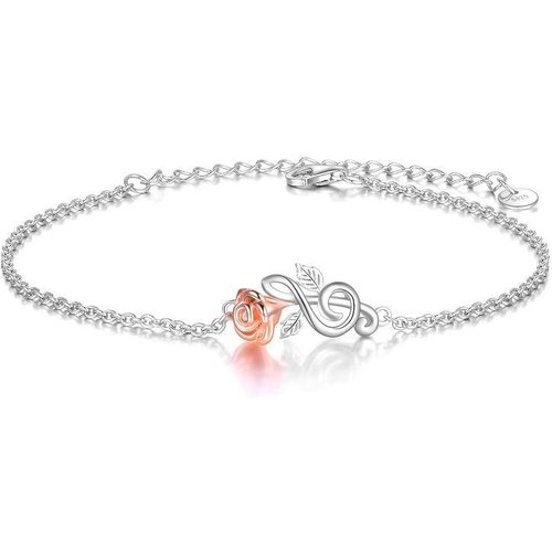 Sterling Silver Two-tone Rose & Music Symbol Charm Bracelet