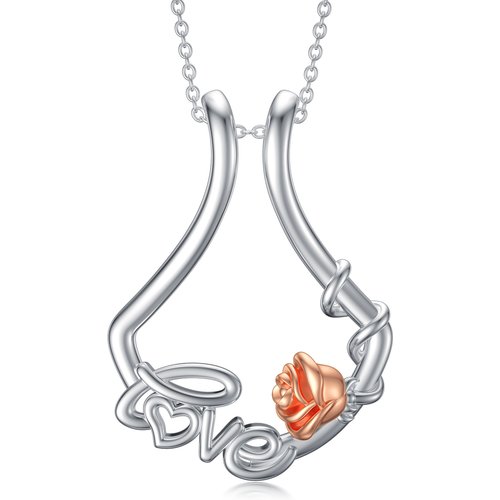 Sterling Silver Two-tone Rose & Ring Holder Pendant Necklace with Engraved Word