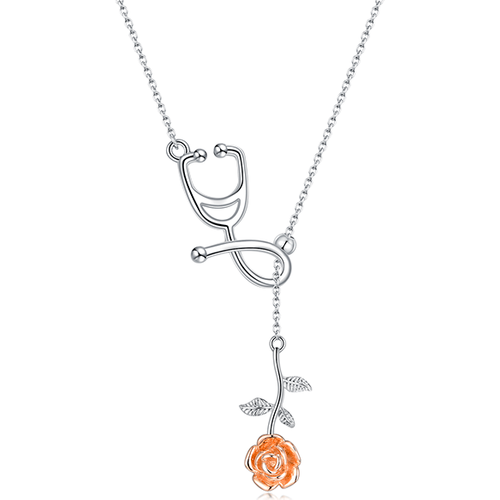 Sterling Silver Two-tone Rose & Stethoscope Non-adjustable Y-Necklace
