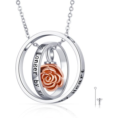 Sterling Silver Two-tone Rotatable Circles Rose Pendant Urn Necklace for Ashes