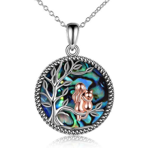 Sterling Silver Two-tone Round Abalone Shellfish Cat & Tree Of Life Pendant Necklace