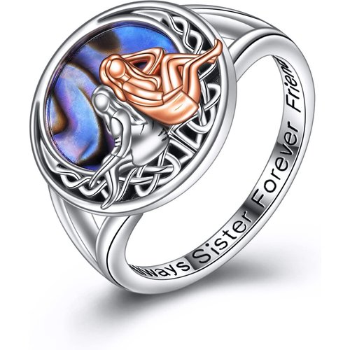 Sterling Silver Two-tone Round Shaped Abalone Shellfish Sisters & Celtic Knot Ring with Engraved Word
