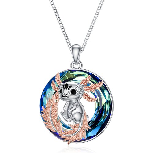 Sterling Silver Two-tone Round Axolotl Crystal Pendant Necklace
