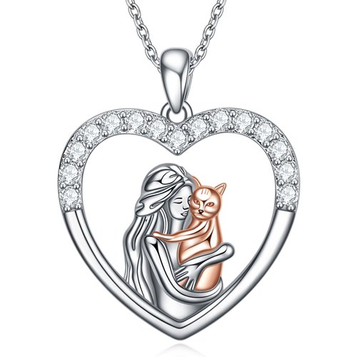 Sterling Silver Two-tone Round Cubic Zirconia Cat & Heart Pendant Necklace