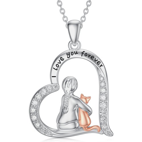 Sterling Silver Two-tone Round Cubic Zirconia Cat & Heart Pendant Necklace with Engraved Word