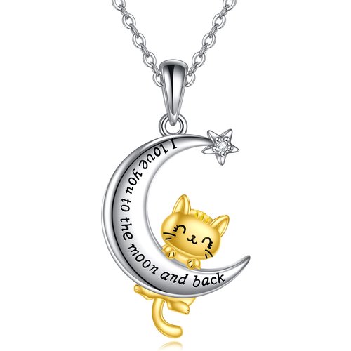 Sterling Silver Two-Tone Cubic Zirconia Cat And Moon Star Pendant Necklace With Engraved Word For Women