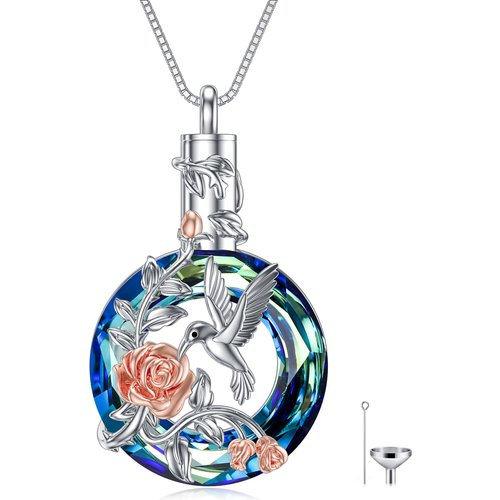 Sterling Silver Two-tone Round Crystal Hummingbird & Rose Urn Necklace for Ashes