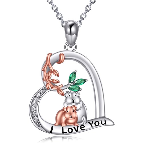 Sterling Silver Two-Tone Crystal Cubic Zirconia Mouse Heart Pendant Necklace With Engraved Word For Women