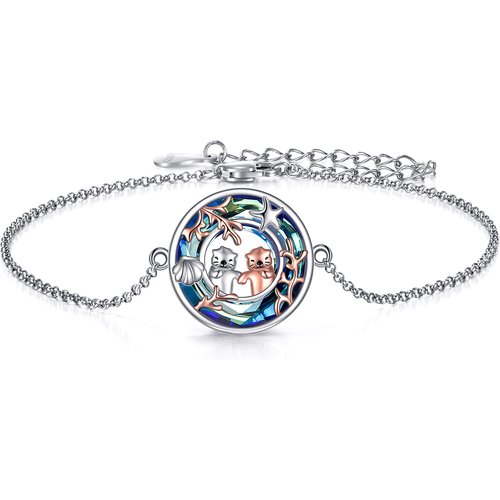 Sterling Silver Two-tone Round Crystal Sea Otter & Starfish Charm Bracelet
