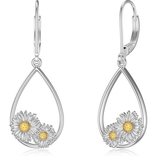 Sterling Silver Two-tone Round Daisy Lever-back Earrings