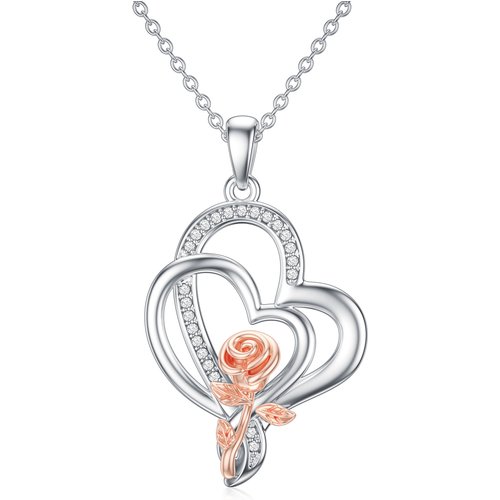 Sterling Silver Two-tone Round Diamond Rose Pendant Necklace