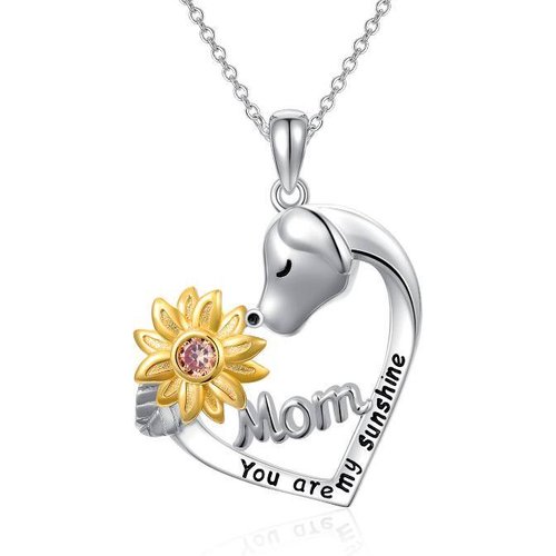 Sterling Silver Two-Tone Round Cubic Zirconia Dog & Sunflower Pendant Necklace For Mother