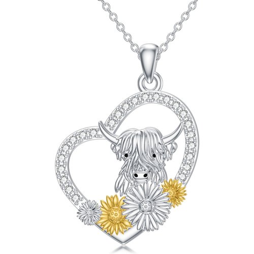 Sterling Silver Two-tone Round Cubic Zirconia Highland Cow & Sunflower & Heart Pendant Necklace