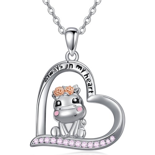 Sterling Silver Two-tone Round Cubic Zirconia Hippo & Heart Pendant Necklace with Engraved Word