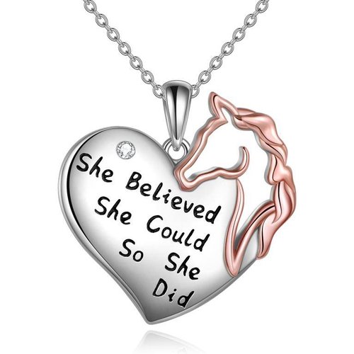 Sterling Silver Two-tone Round Horse Pendant Necklace with Engraved Word