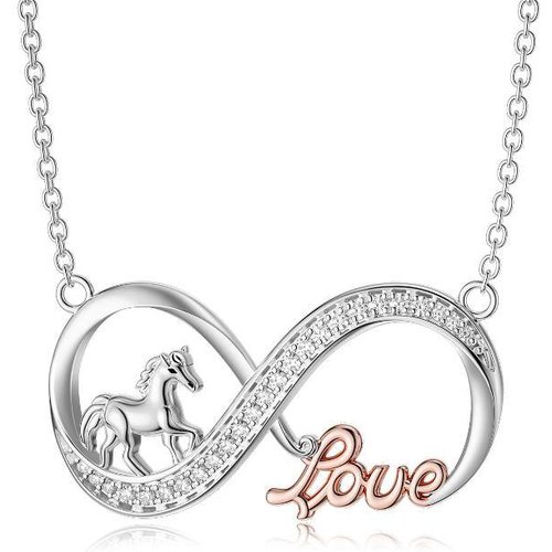 Sterling Silver Two-tone Round Cubic Zirconia Horse Pendant Necklace