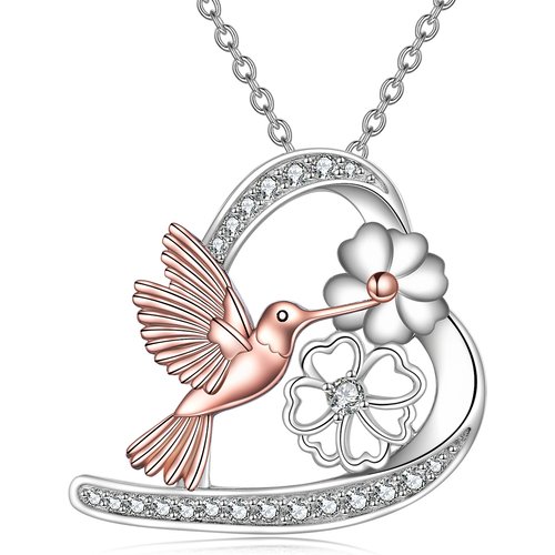 Sterling Silver Two-tone Round Cubic Zirconia Hummingbird & Heart Pendant Necklace