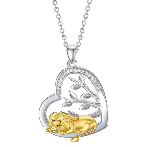Sterling Silver Two-tone Round Cubic Zirconia Lion & Heart Pendant Necklace