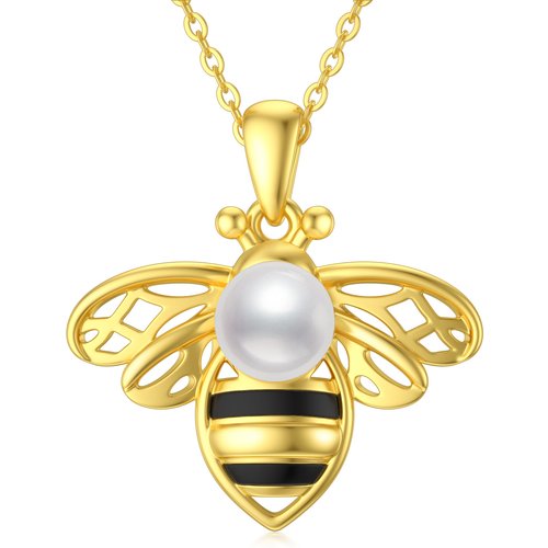 Sterling Silver Two-tone Round Pearl Bees Pendant Necklace