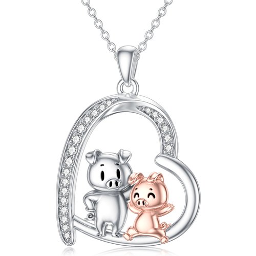 Sterling Silver Two-tone Round Cubic Zirconia Pig & Heart Pendant Necklace