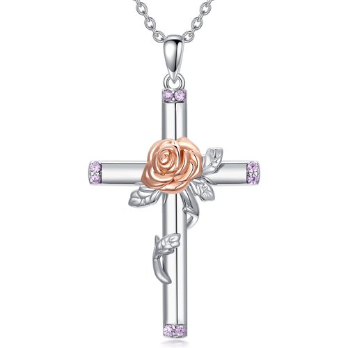 Sterling Silver Two-tone Round Cubic Zirconia Rose & Cross Pendant Necklace