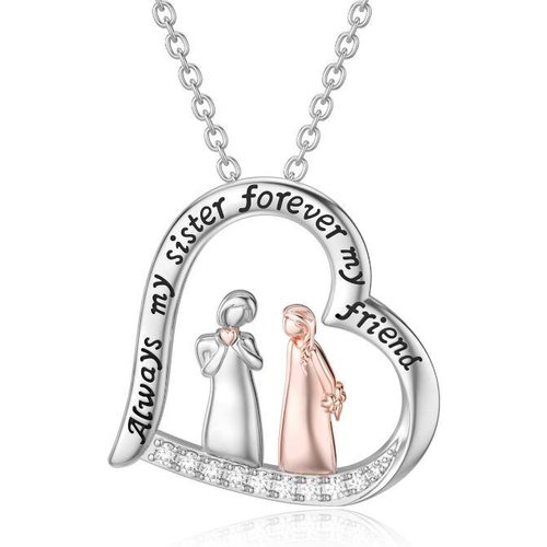 Sterling Silver Two-tone Round Sisters Pendant Necklace with Engraved Word
