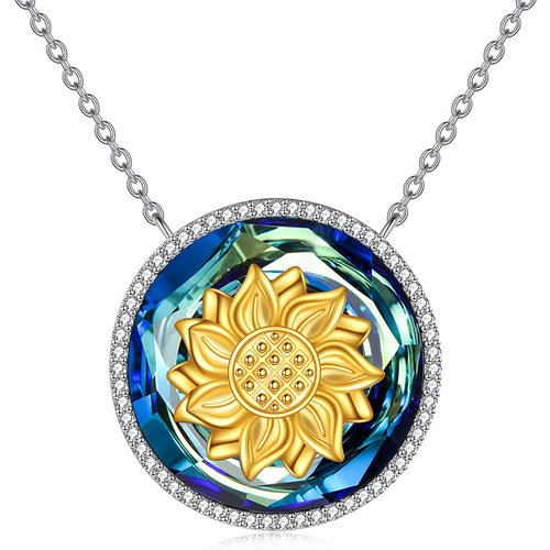 Sterling Silver Two-tone Round Sunflower Crystal Pendant Necklace