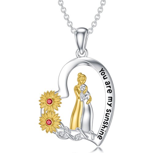 Sterling Silver Two-tone Round Cubic Zirconia Sunflower Mother & Daughter Heart Pendant Necklace with Engraved Word