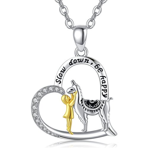Sterling Silver Two-tone Round Zircon Alpaca & Heart Cable Chain Necklace
