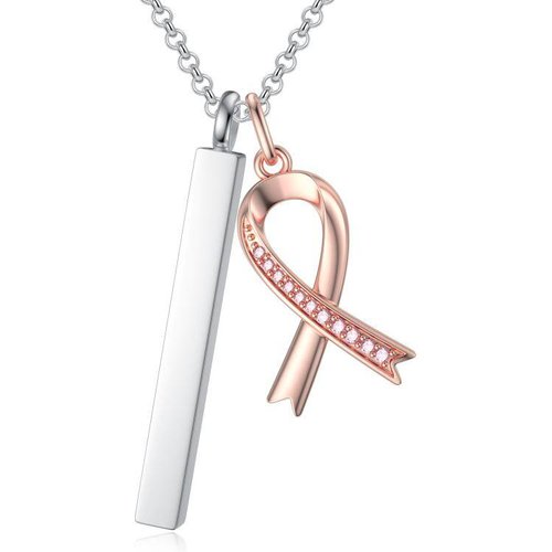 Sterling Silver Two-tone Round Zircon Bar & Ribbon Urn Necklace for Ashes