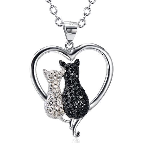 Sterling Silver Two-tone Round Zircon Cat & Heart Pendant Necklace
