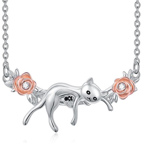 Sterling Silver Two-tone Round Zircon Cat & Rose Pendant Necklace