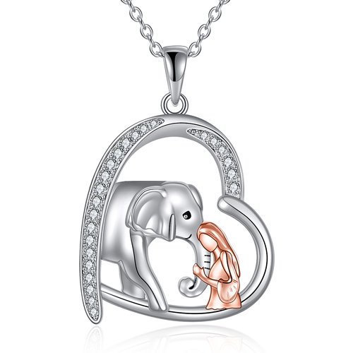 Sterling Silver Two-tone Round Zircon Elephant Pendant Necklace