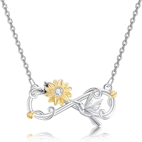 Sterling Silver Two-tone Round Zircon Hummingbird & Sunflower Pendant Necklace