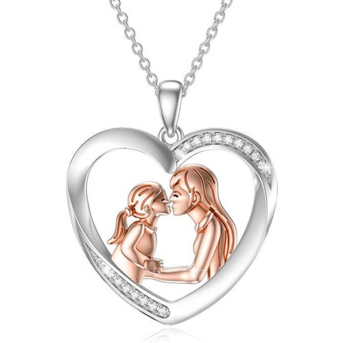 Sterling Silver Two-tone Round Zircon Mother & Daughter Heart Pendant Necklace