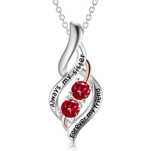 Sterling Silver Two-tone Round Zircon Sisters Pendant Necklace with Engraved Word