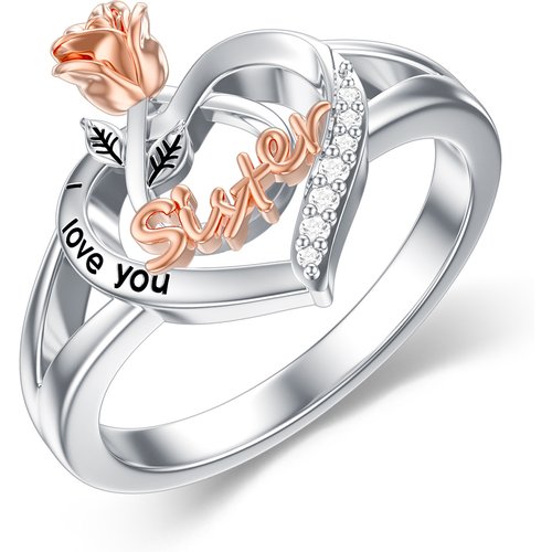 Sterling Silver Two-tone Round Shaped Cubic Zirconia Sisters Ring with Engraved Word