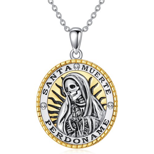 Sterling Silver Two-tone Santa Muerte Perdoname Skull Pendant Necklace