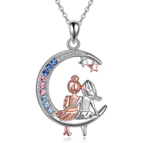 Sterling Silver Two-tone Cubic Zirconia Sisters Moon Star Necklace for Women