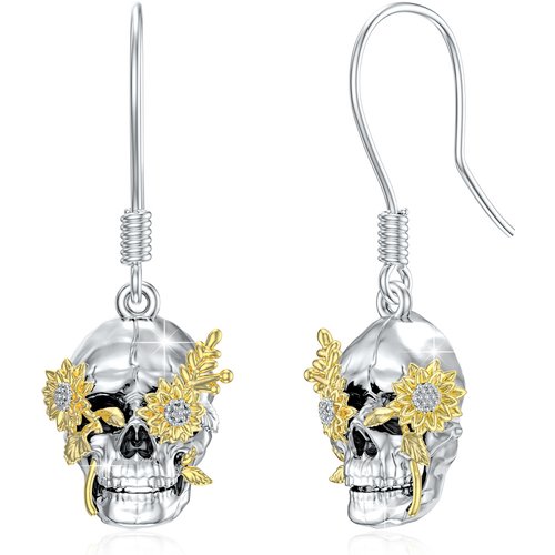 Sterling Silver Two-tone Skull Drop Earrings