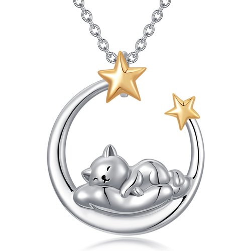 Sterling Silver Two-tone Sleeping Cat & Moon Pendant Necklace