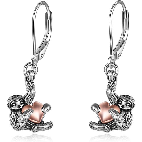 Sterling Silver Two-tone Sloth & Heart Lever-back Earrings