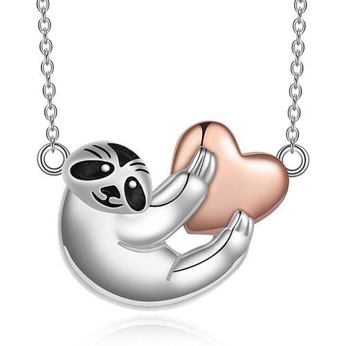 Sterling Silver Two-tone Sloth & Heart Pendant Necklace