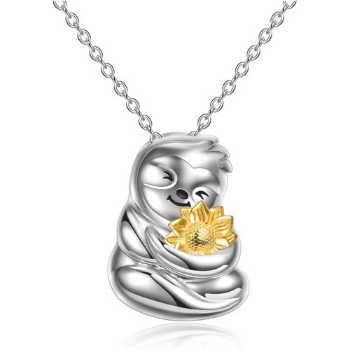 Sterling Silver Two-tone Sloth & Sunflower Pendant Necklace